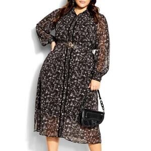 City Chic NWT Emilia Midi Dress Black Tortoise Shell Size 18 Sheer Long Sleeve
